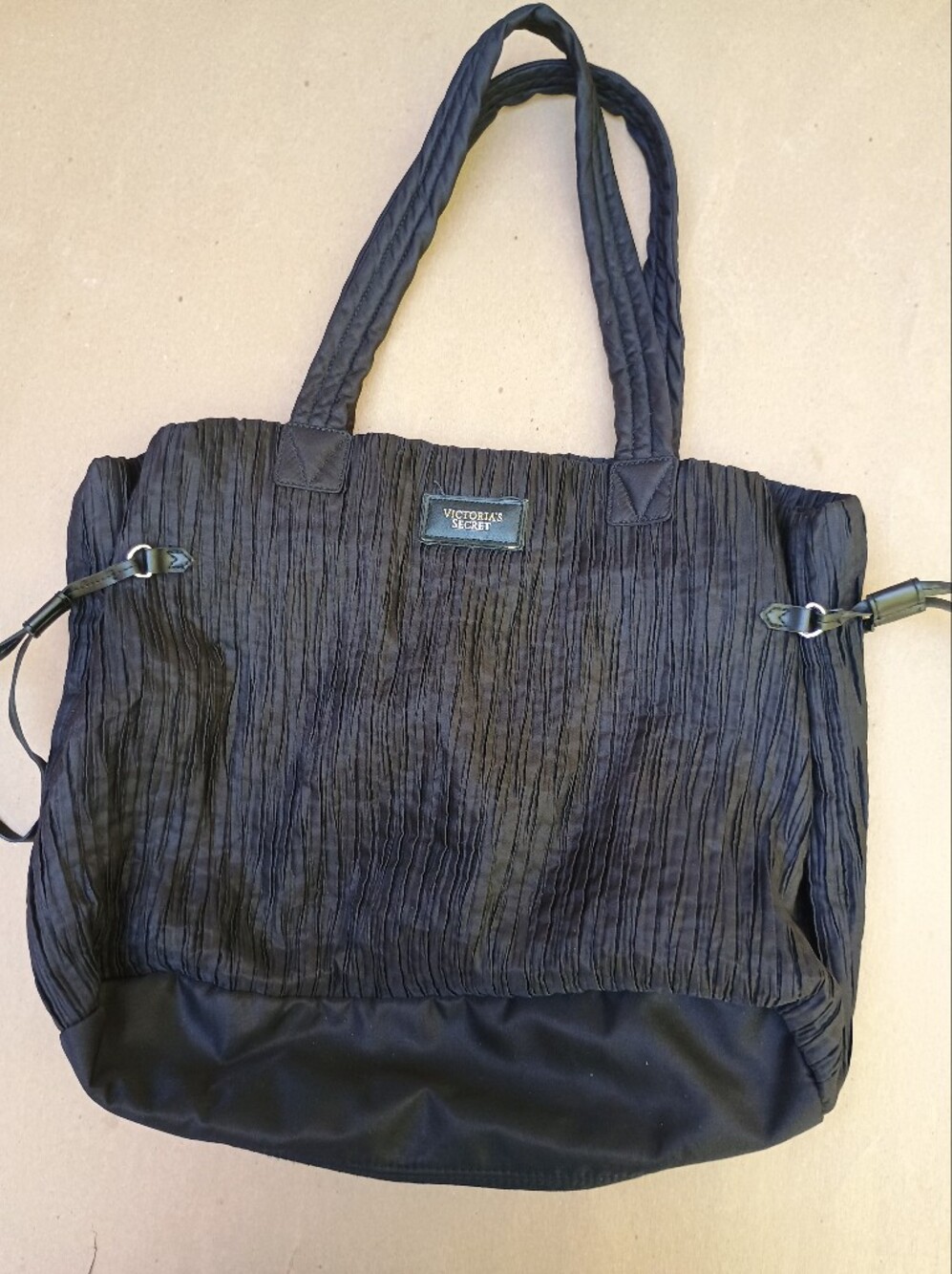Victoria Secret Large Black Pleated Fabric Tote Crinkle Design